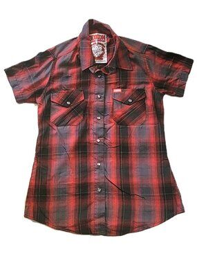 Dixxon Flannel Co Womens S Small Short Sleeve Bamboo Shirt Red Black Plaid Snap